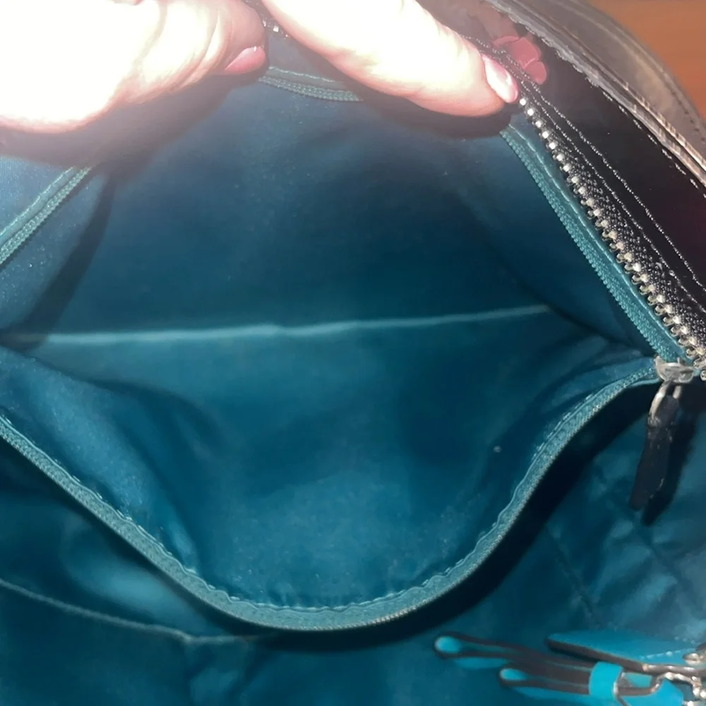 Coach ladies black patent leather tote. Green lining. F24893.